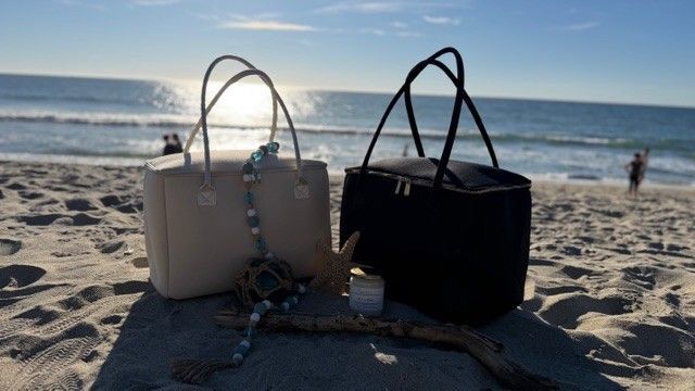 Salt & Stone and Birdie insulated tote bags by The Stever Co on sand at Carlsbad beach
