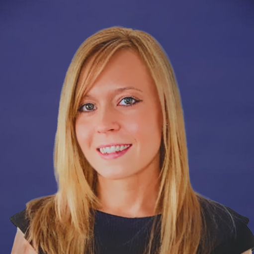 A woman with blonde hair is smiling and wearing a black shirt against a blue background.