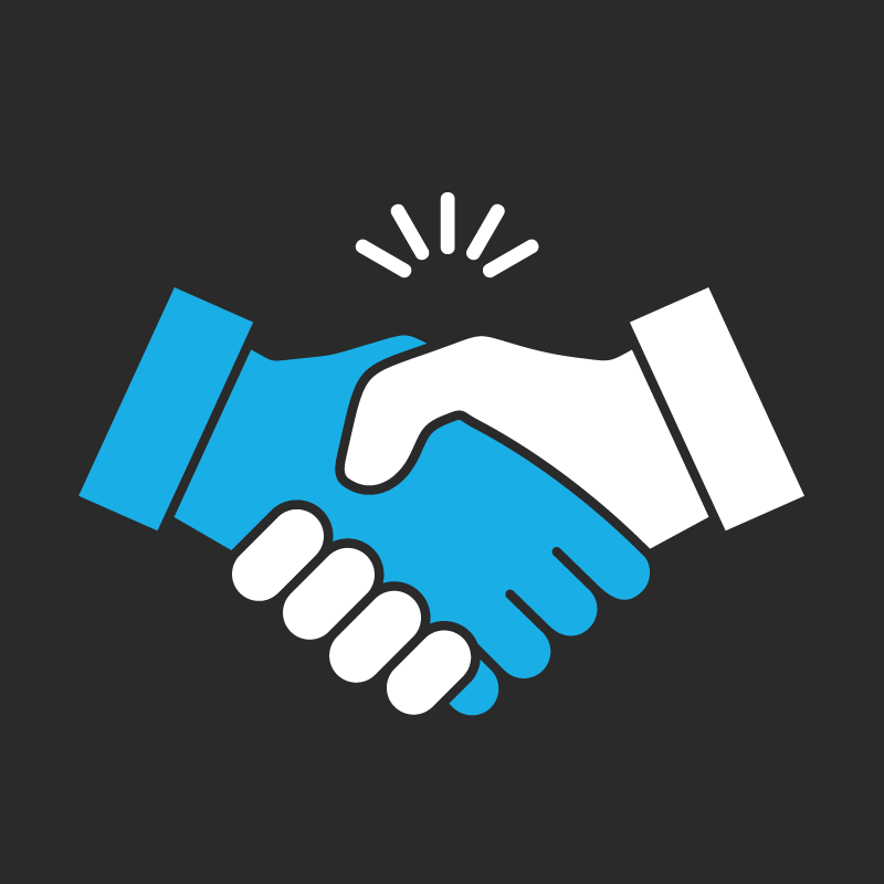 A blue and white handshake icon on a black background.