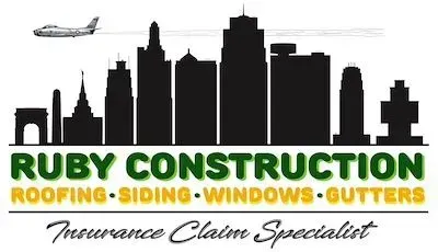 Ruby Construction logo with a city skyline, airplane, and services: roofing, siding, windows, gutters. "Insurance Claim Specialist."