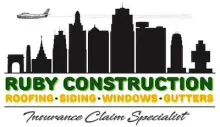 Ruby Construction logo with a city skyline, airplane, and services: roofing, siding, windows, gutters. "Insurance Claim Specialist."