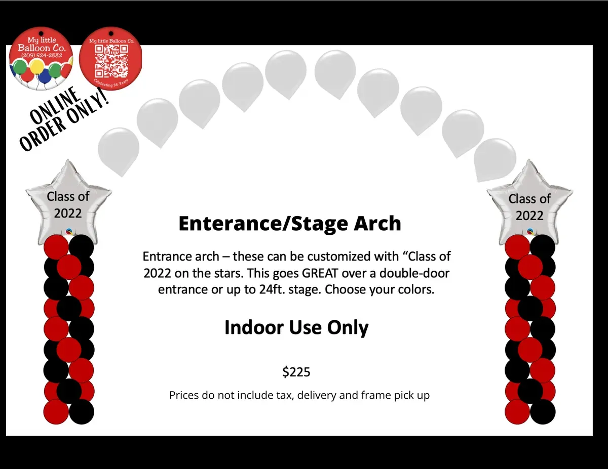 A balloon arch for a class of 2022 event with black, red, and white balloons; online order only.