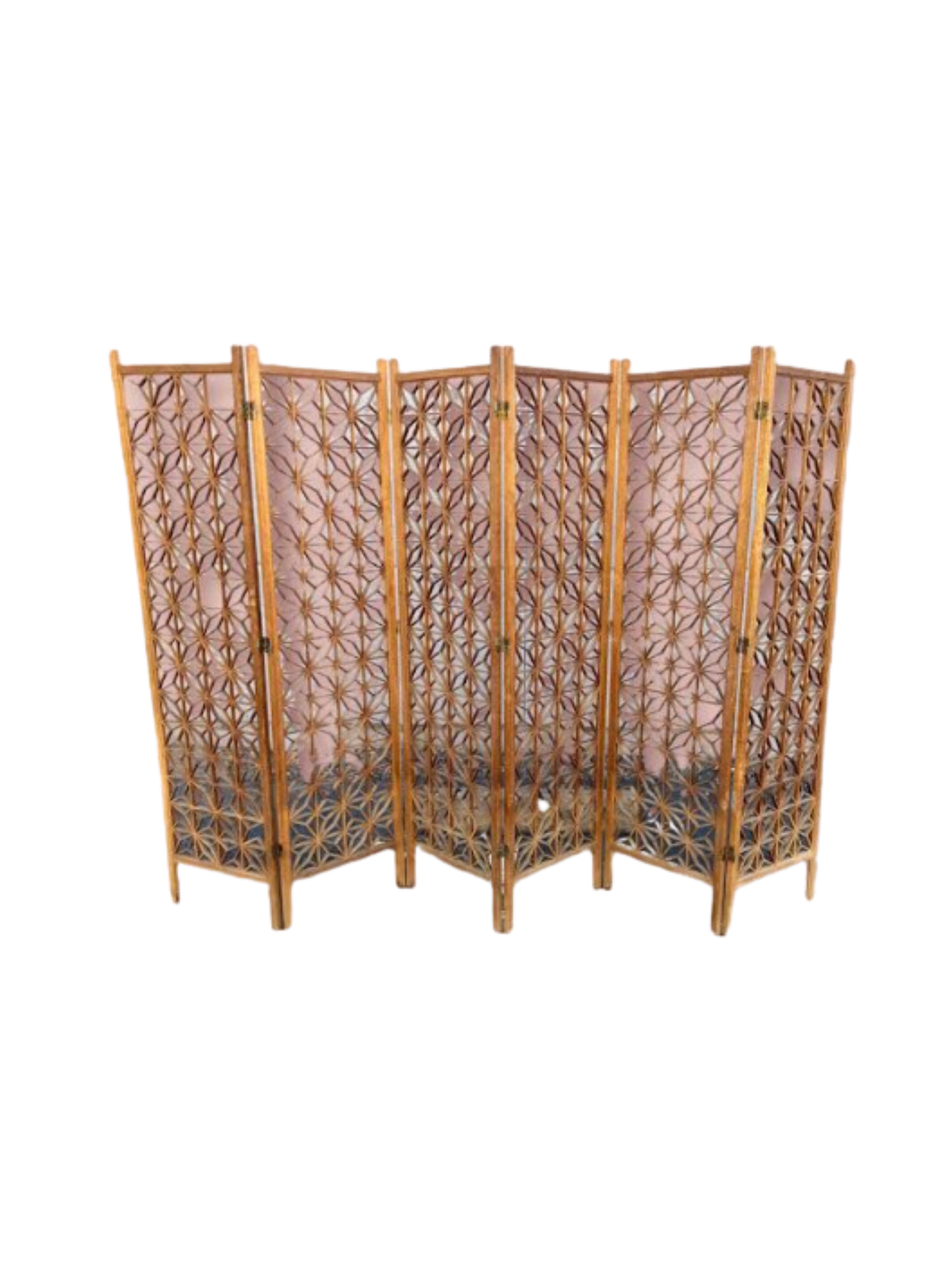Wooden room divider with intricately patterned screens, beige and brown tones.