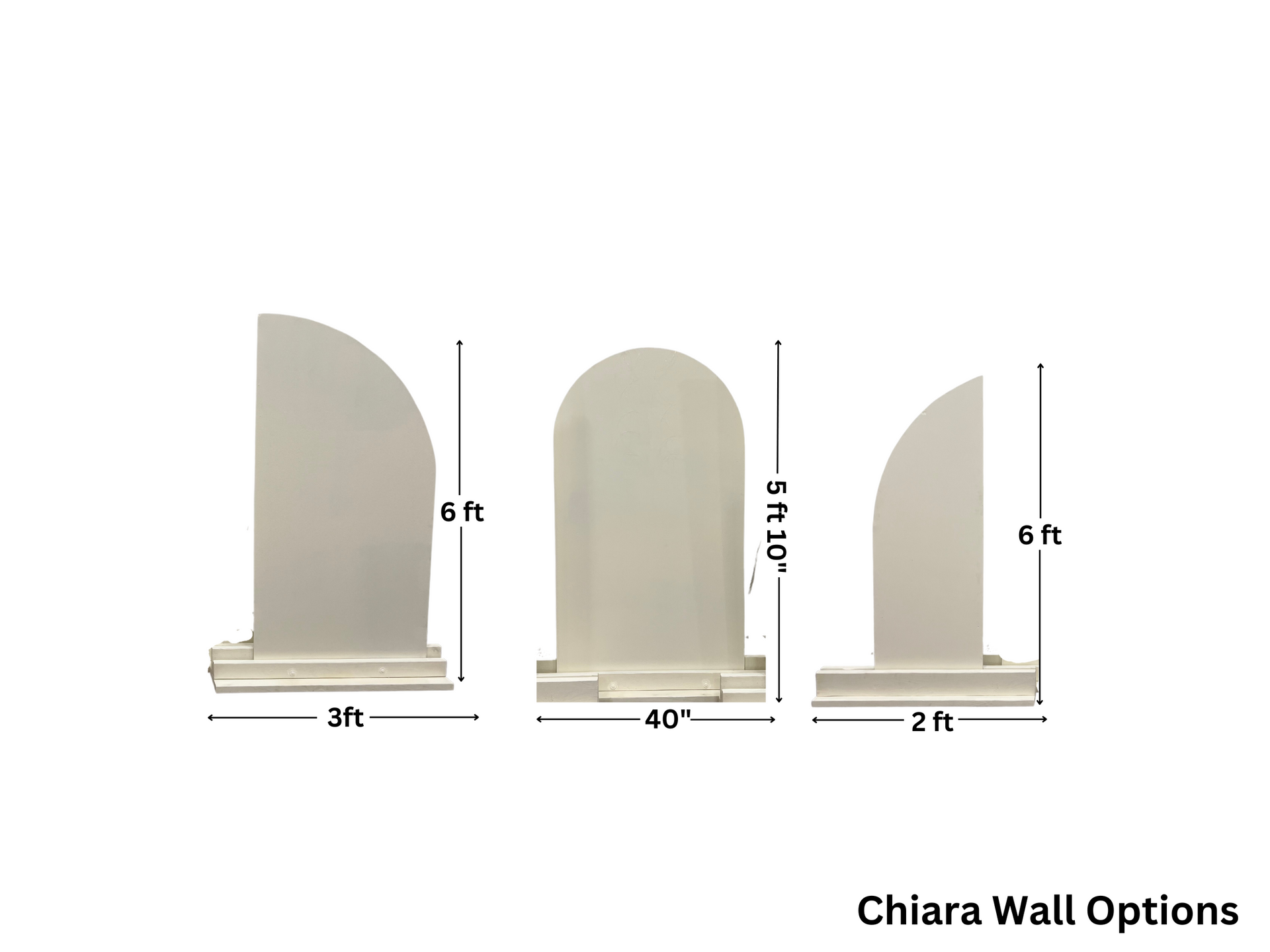 Three white Chiara wall panels of varying widths and heights, showing size options.