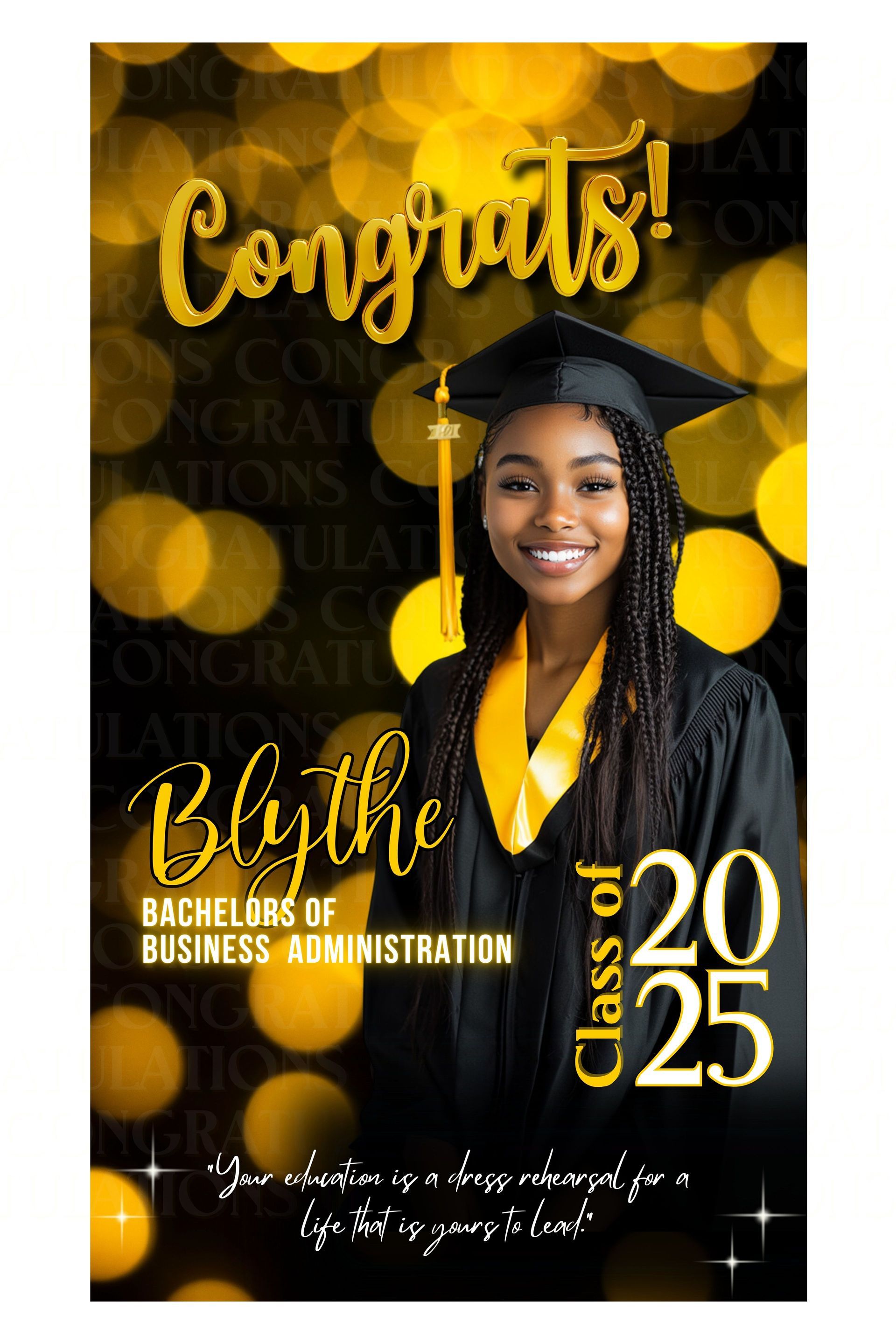 A graduation banner. A smiling Black woman in cap and gown with