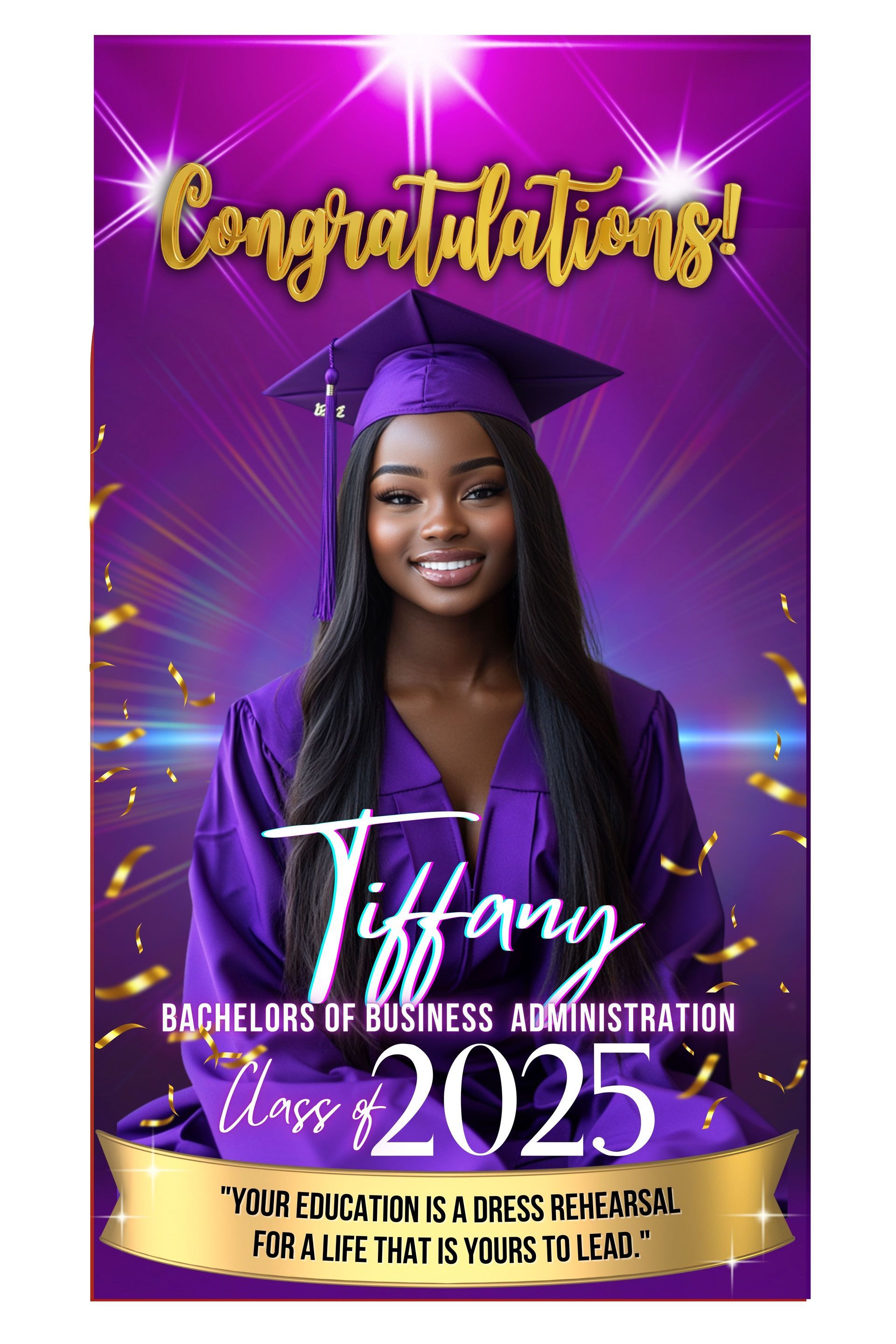 Graduation banner with a woman in purple cap and gown. Text:
