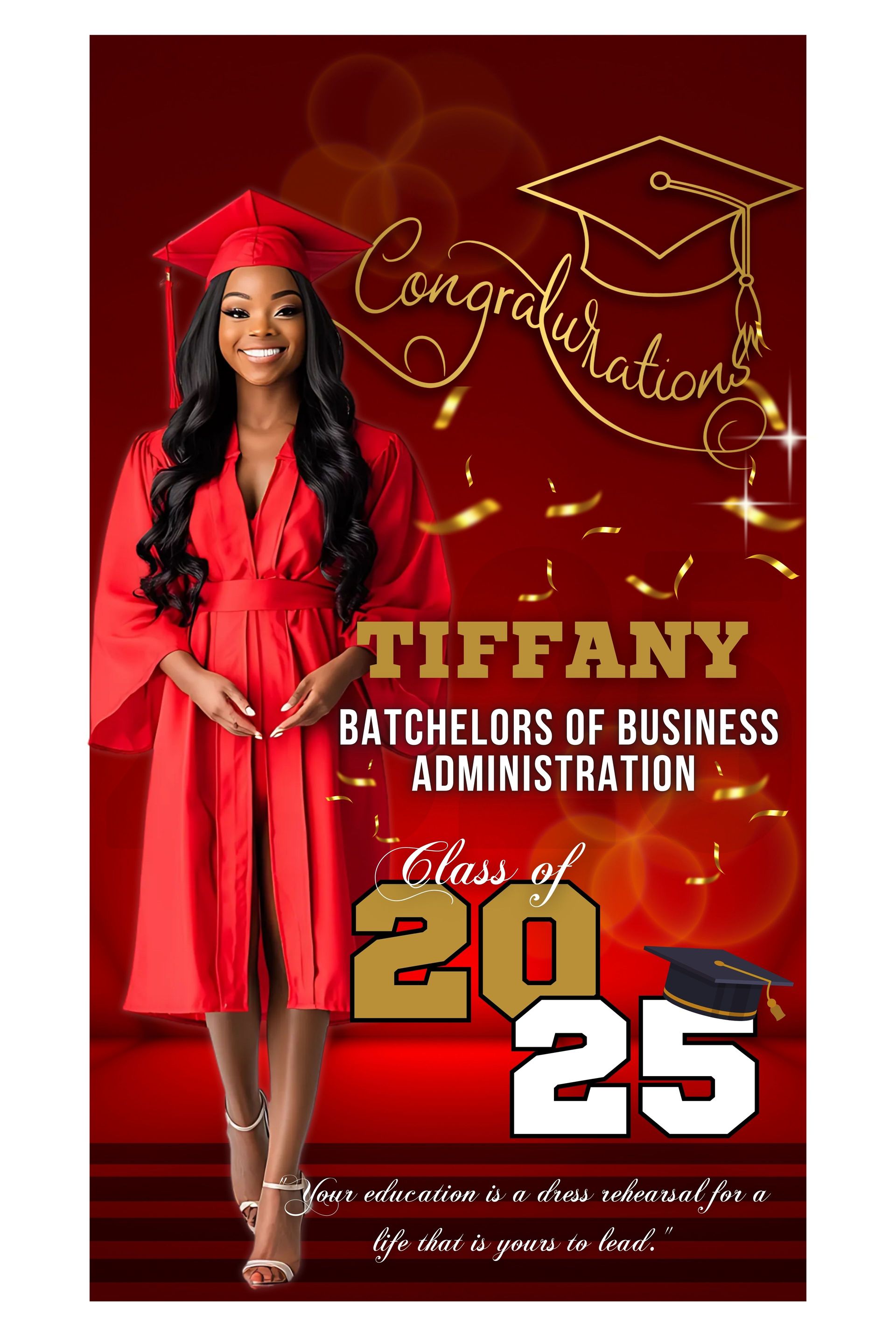 Graduation banner: Woman in red gown, cap;