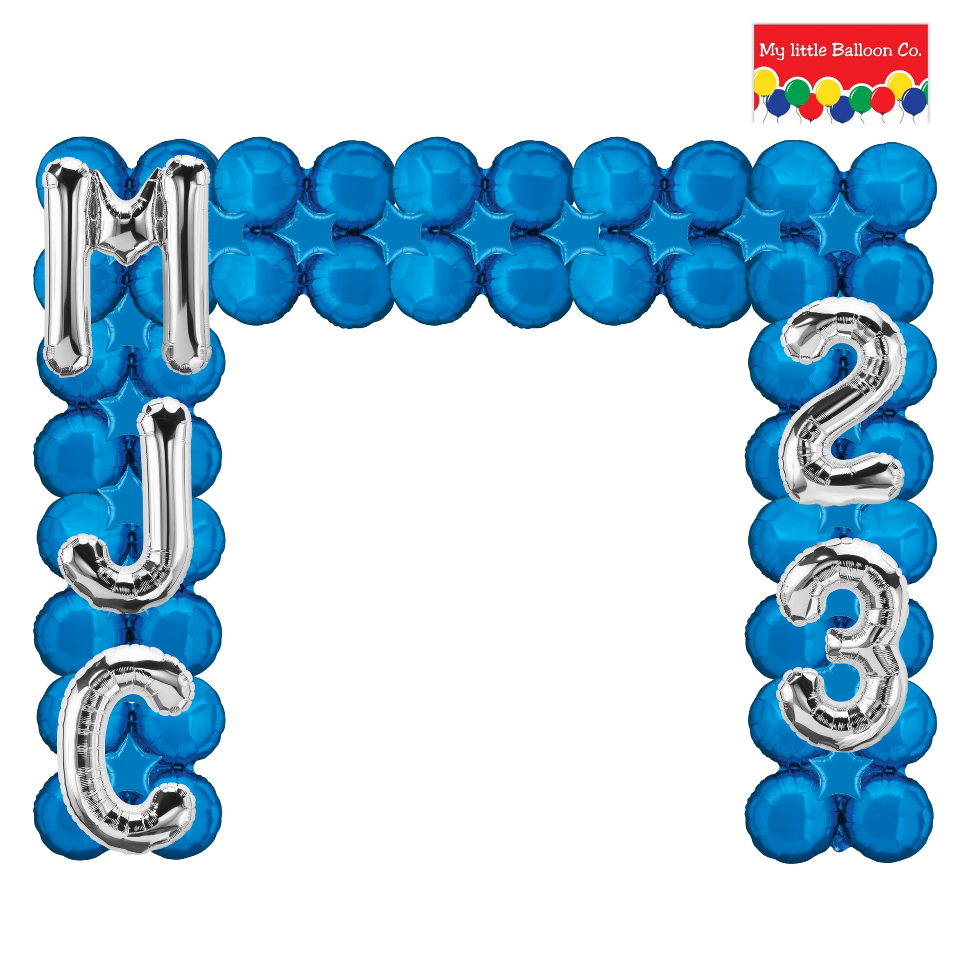 Blue and silver balloon archway displaying