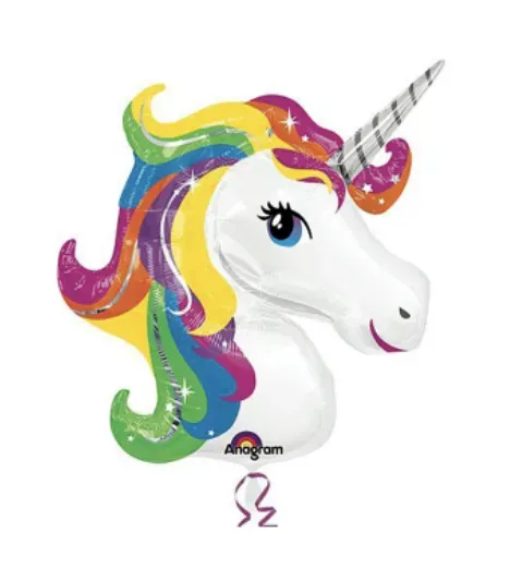 Unicorn-shaped foil balloon with rainbow mane and horn, white face, and blue eyes.