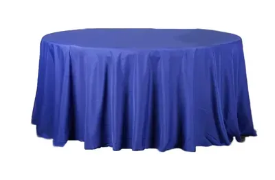 Blue oval tablecloth draped over a table.