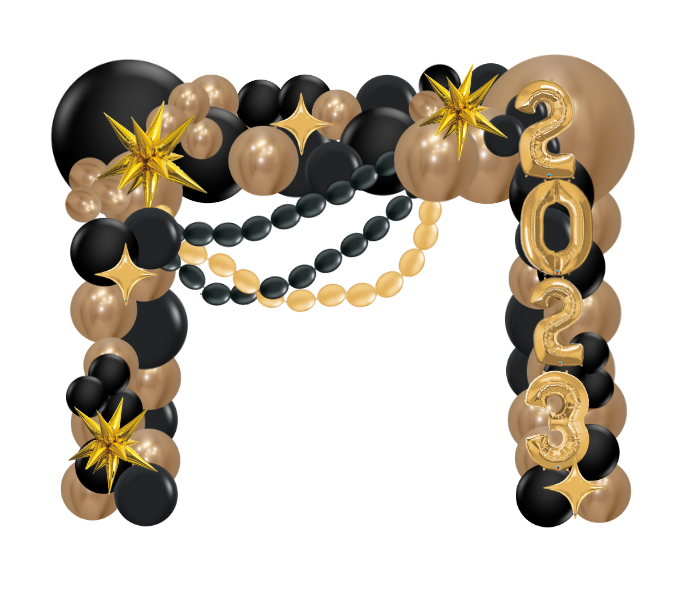 Balloon arch: Black, gold, and star-shaped decorations with