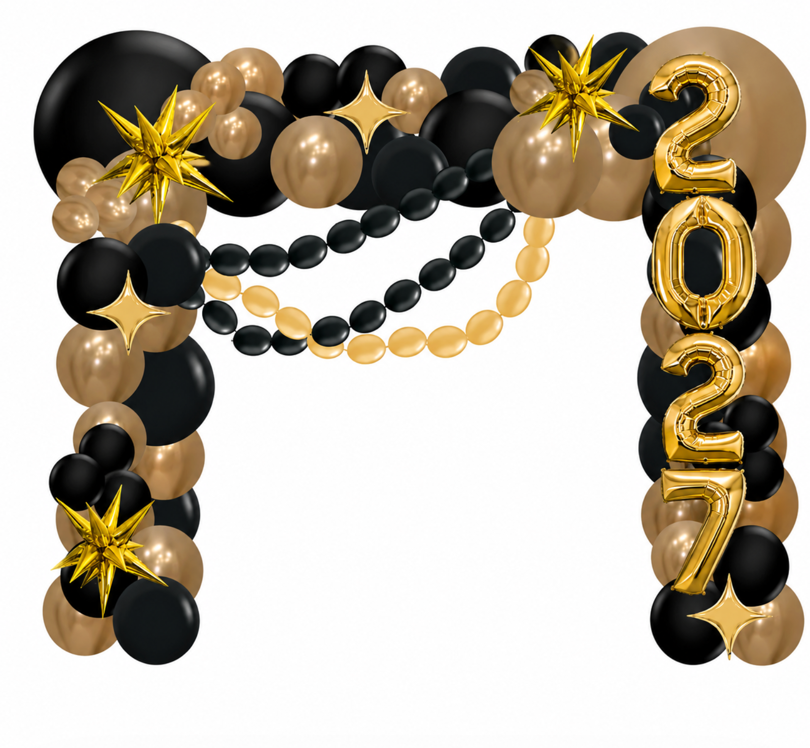 Balloon arch: Black, gold, and star-shaped decorations with 