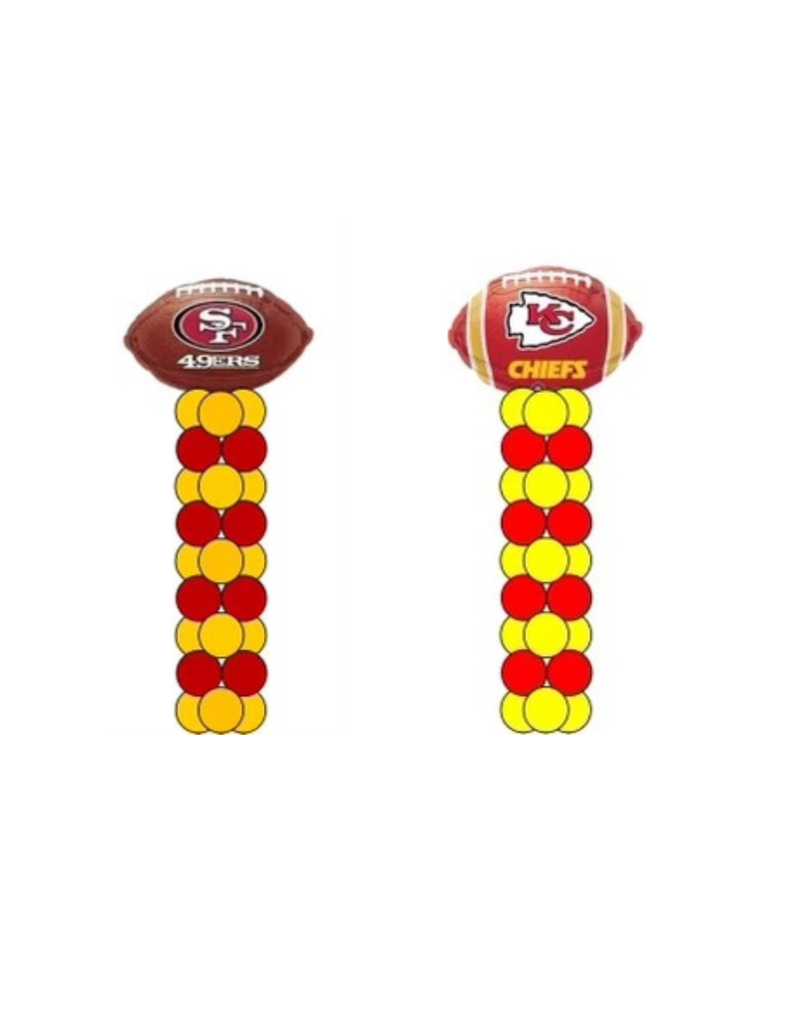 Two football balloon columns: one with a 49ers football, other a Chiefs football. Both columns have red and yellow balloons.