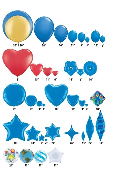 Assorted balloons in various shapes (round, heart, star, flower) and sizes, blue, red, and clear.