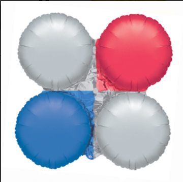 Four helium balloons: silver, red, blue, and silver, clustered together.