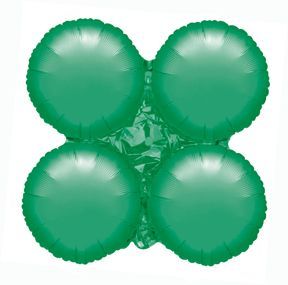 Four green, round balloons clustered together.