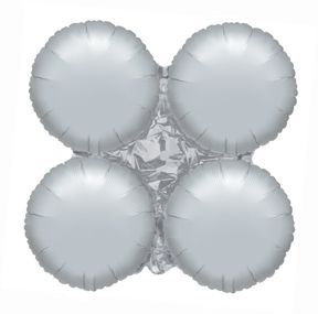 Four silver round foil balloons clustered together.