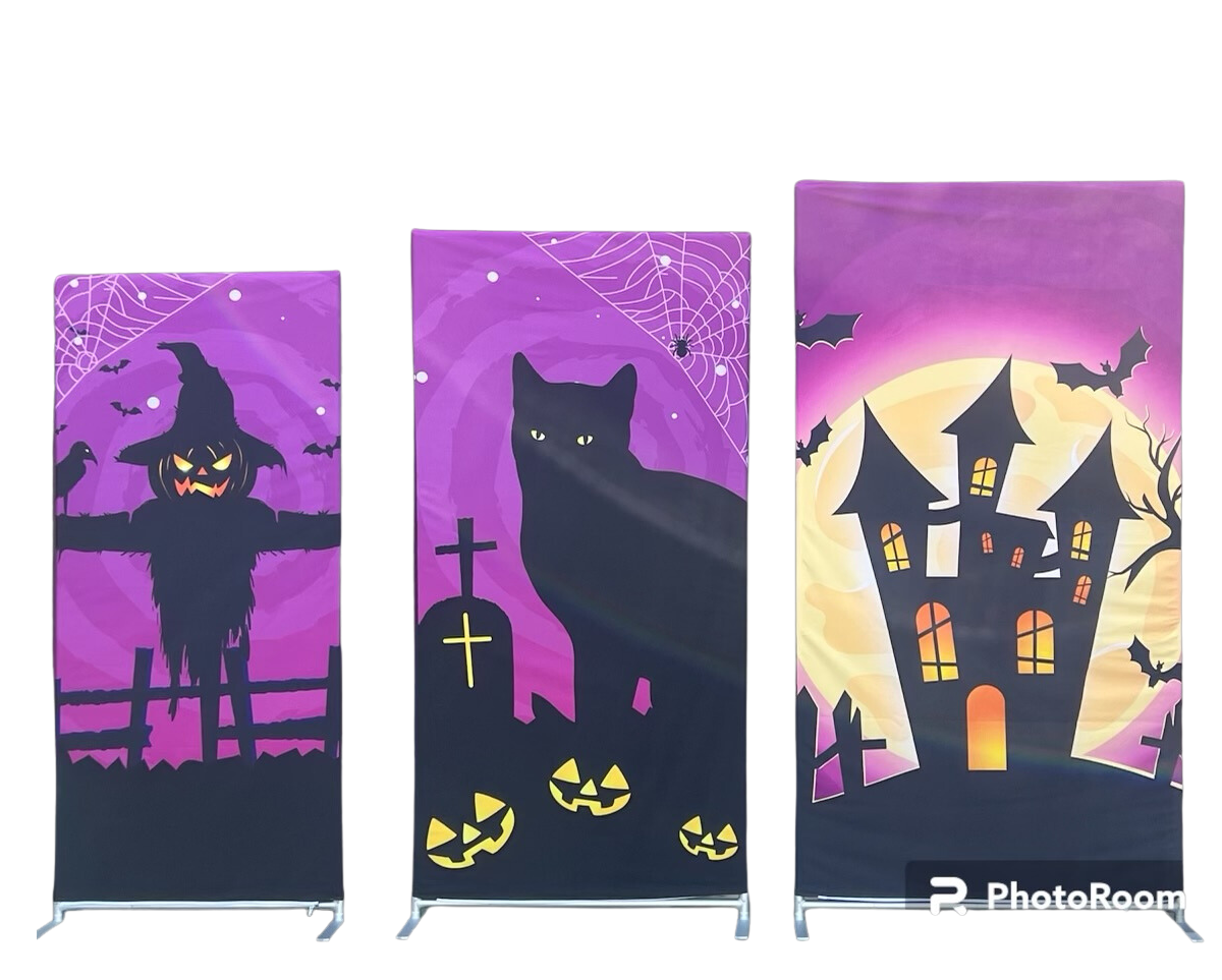Three Halloween-themed backdrops: scarecrow, black cat, and haunted house silhouettes against purple skies.