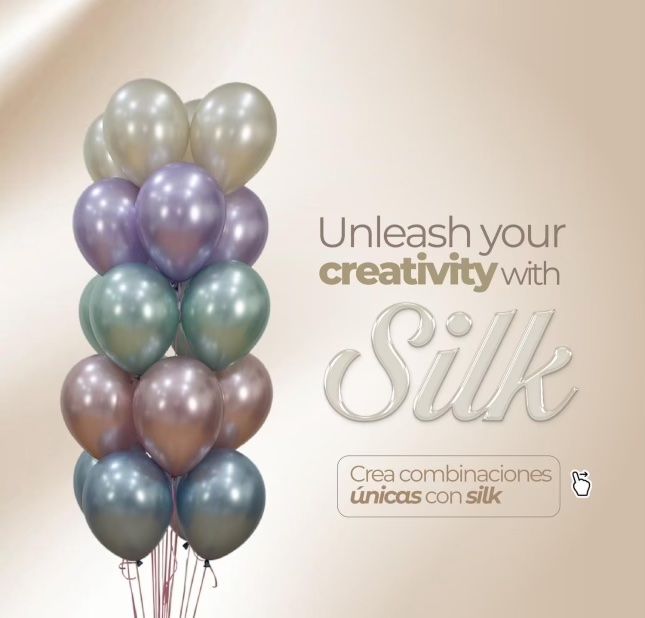 Balloons in shades of pearl, purple, teal, and bronze; ad for 