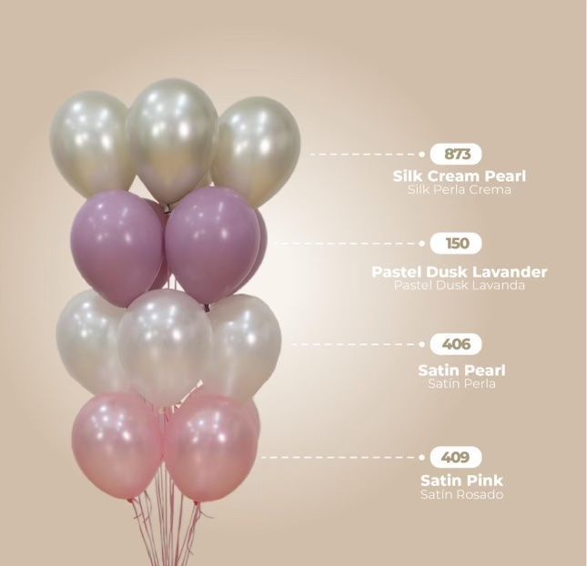 A bouquet of pearl and pastel balloons. Colors include cream, lavender, pink.