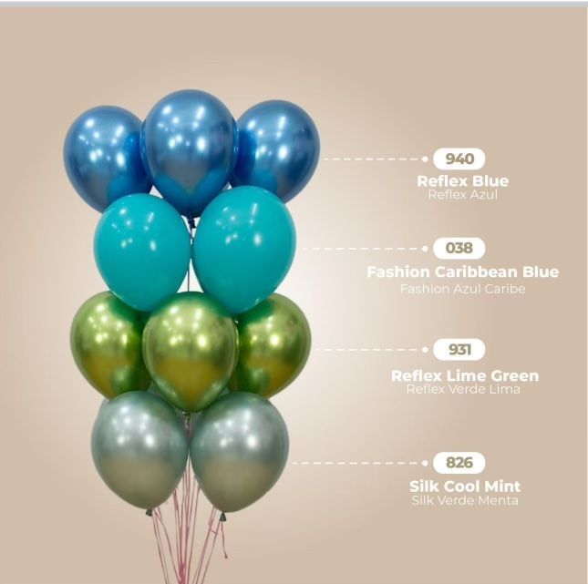 A bouquet of colorful balloons: blue, Caribbean blue, lime green, and cool mint.