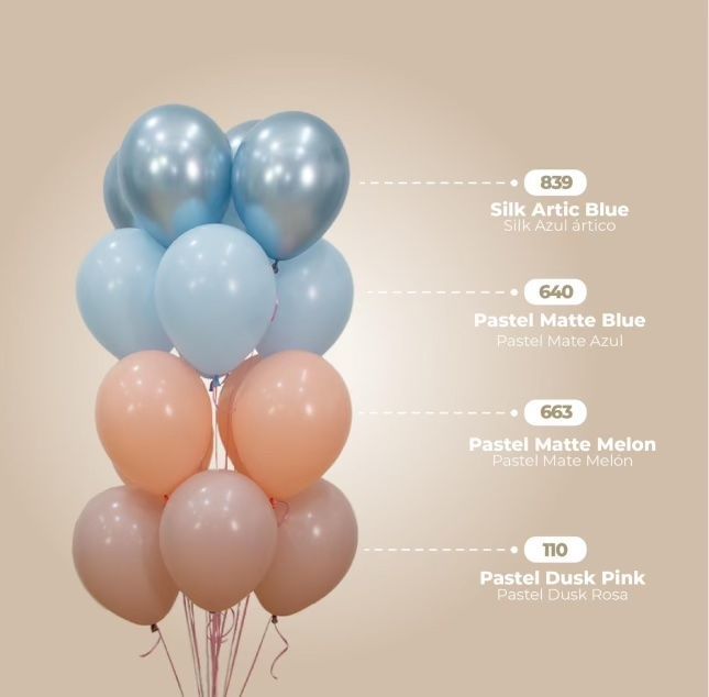 Balloons in shades of blue, peach, and pink, grouped together. Text labels color and type.