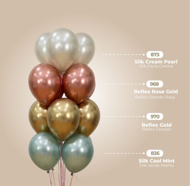 A balloon bouquet: cream, rose gold, gold, and mint colors.