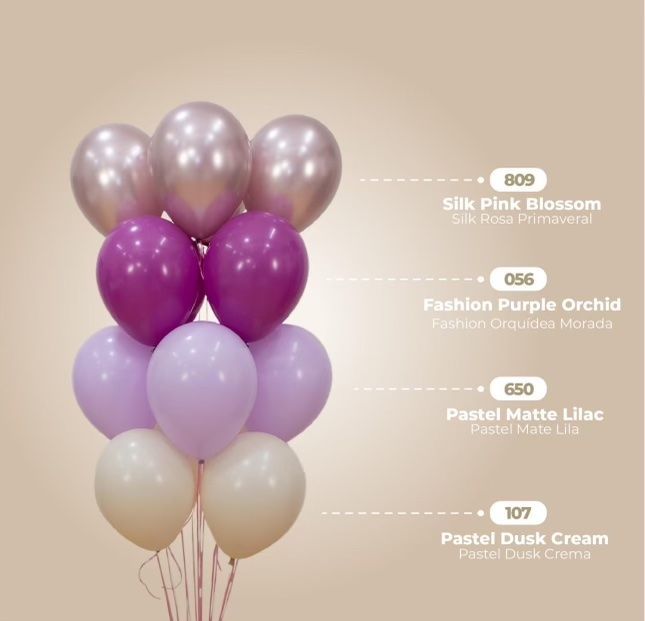 Bouquet of pearl pink, purple, lilac and cream balloons. Color names are labelled.