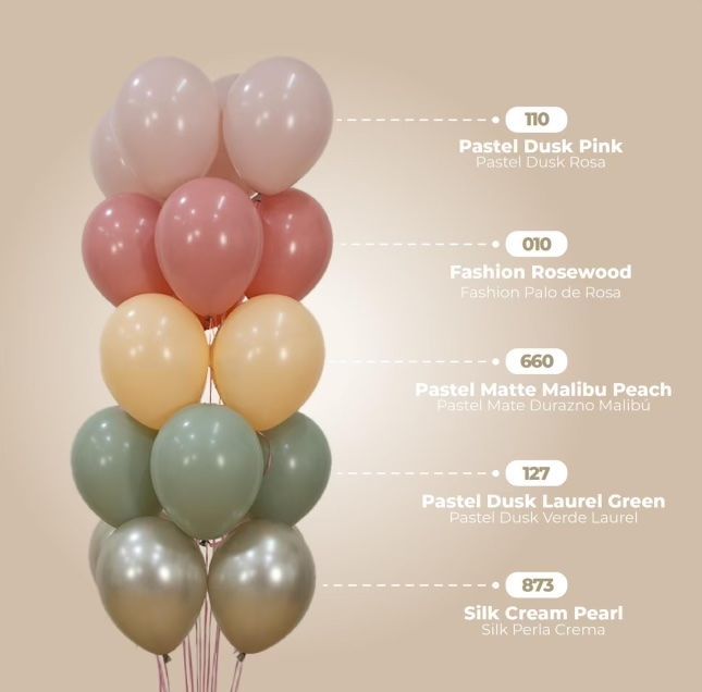 A bouquet of pastel-colored balloons: pink, rosewood, peach, green, and pearl.