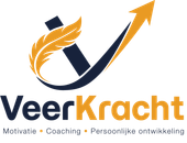 Het logo van VeerKracht Coaching op een donkerblauwe achtergrond met een gouden veer en een pijl omhoog, plus slogan en e-mailadres.