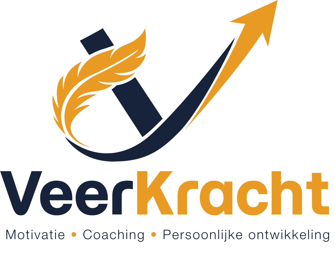 Het logo van VeerKracht Coaching met een gouden veer en een pijl omhoog, plus slogan.