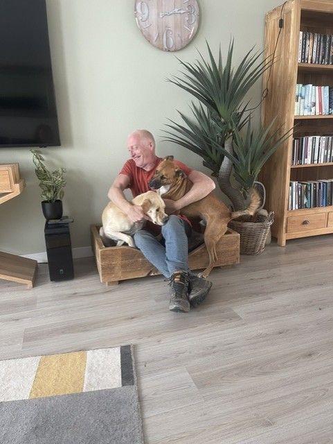 Een man zit in een comfortabele fauteuil in de woonkamer, met twee grote honden naast zich.