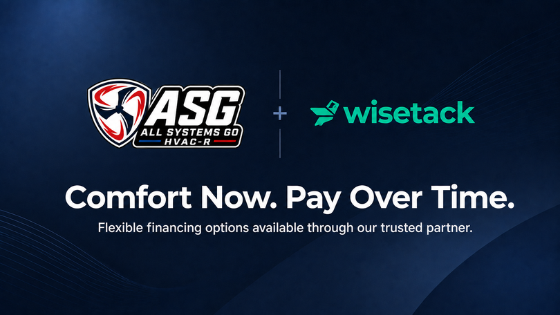 ASG and Wisetack logos on a blue banner with “Comfort Now. Pay Over Time.” financing message