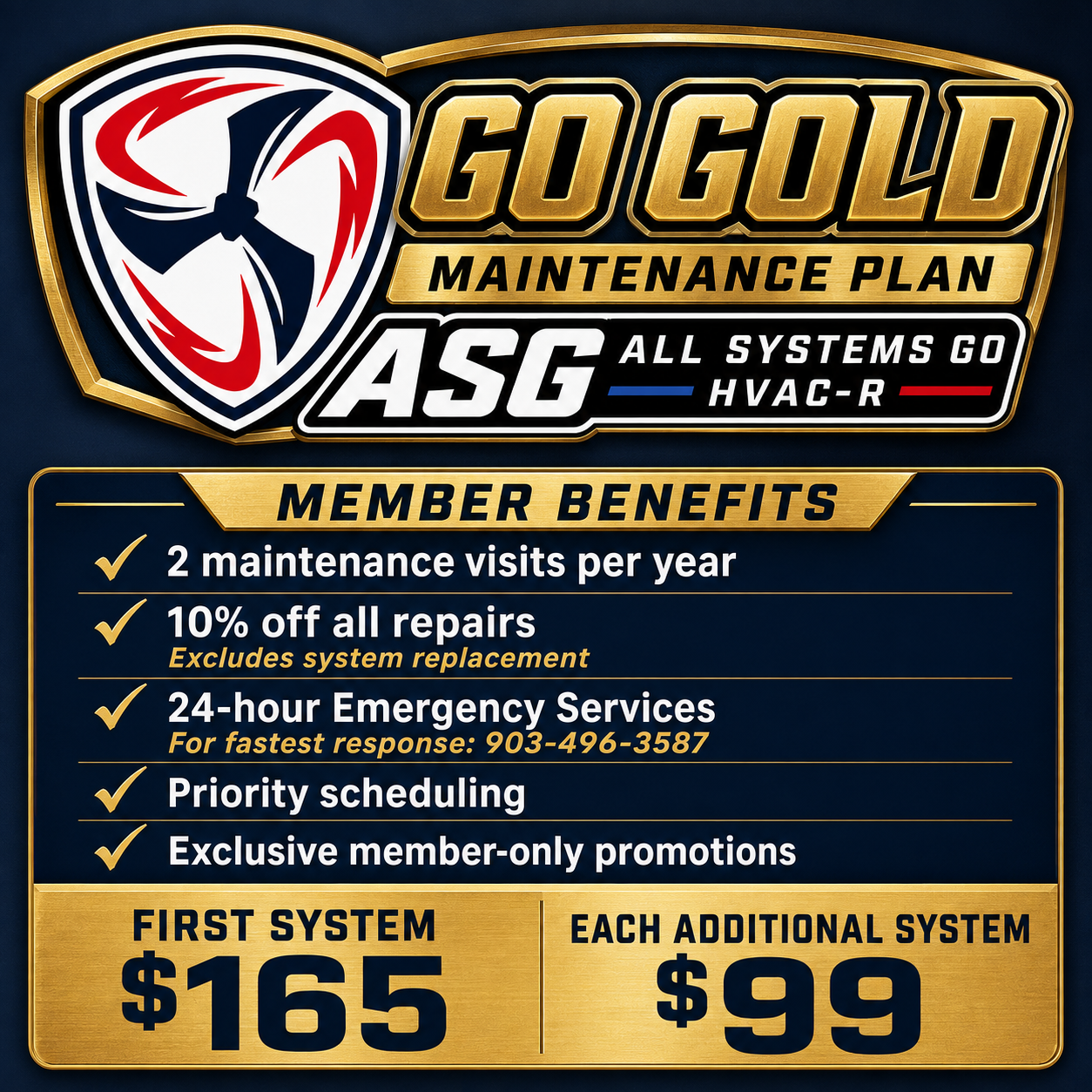 Go Gold Maintenance Plan ad with ASG All Systems Go logo, member benefits, and pricing: first system $165, each additional $99