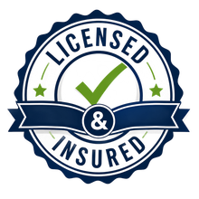 Veteran-owned business seal with US flag star, blue and red stripes, white background.