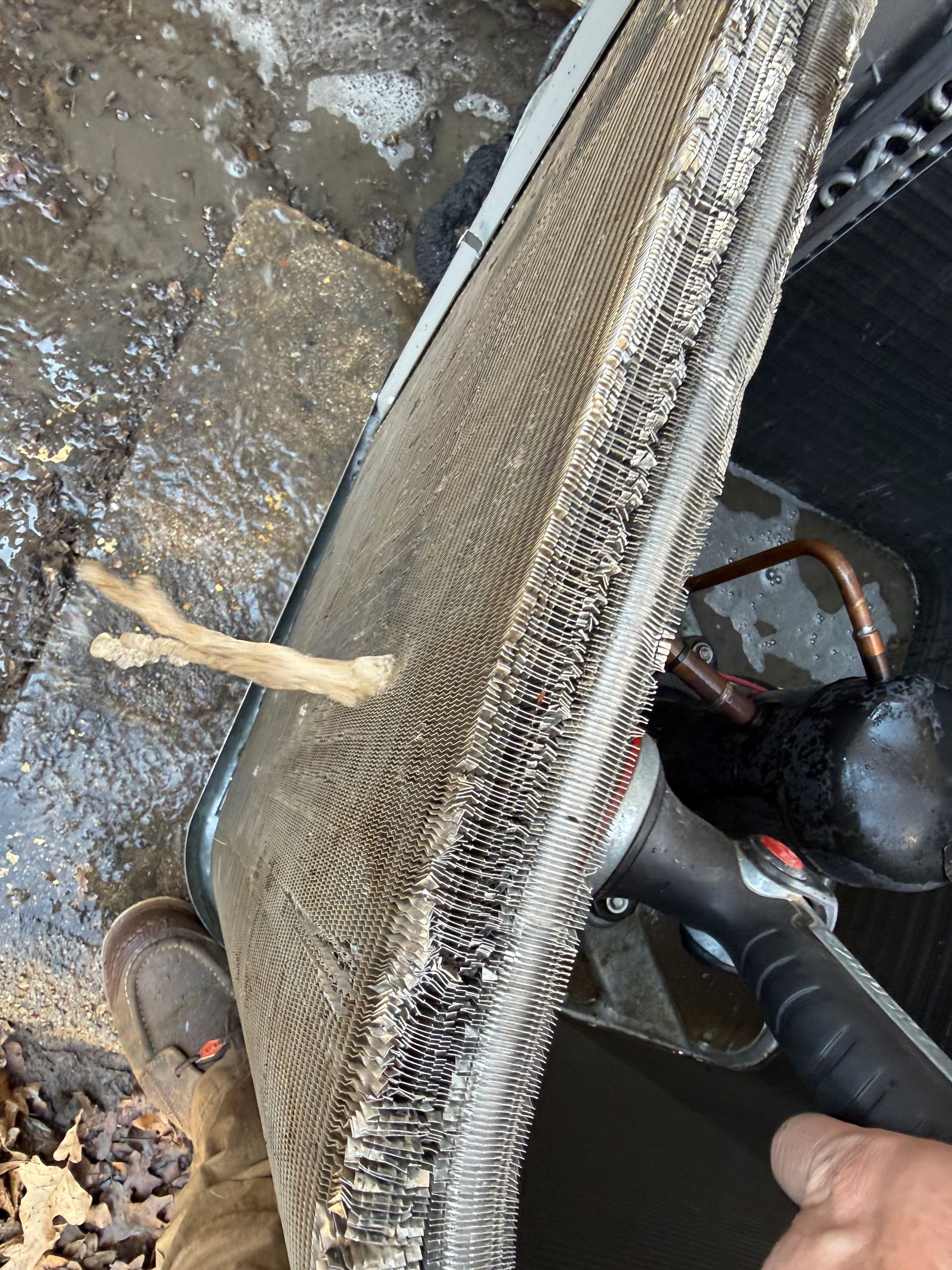 Close-up of a wet, fuzzy hose or pipe beside a bike wheel and a muddy ground surface