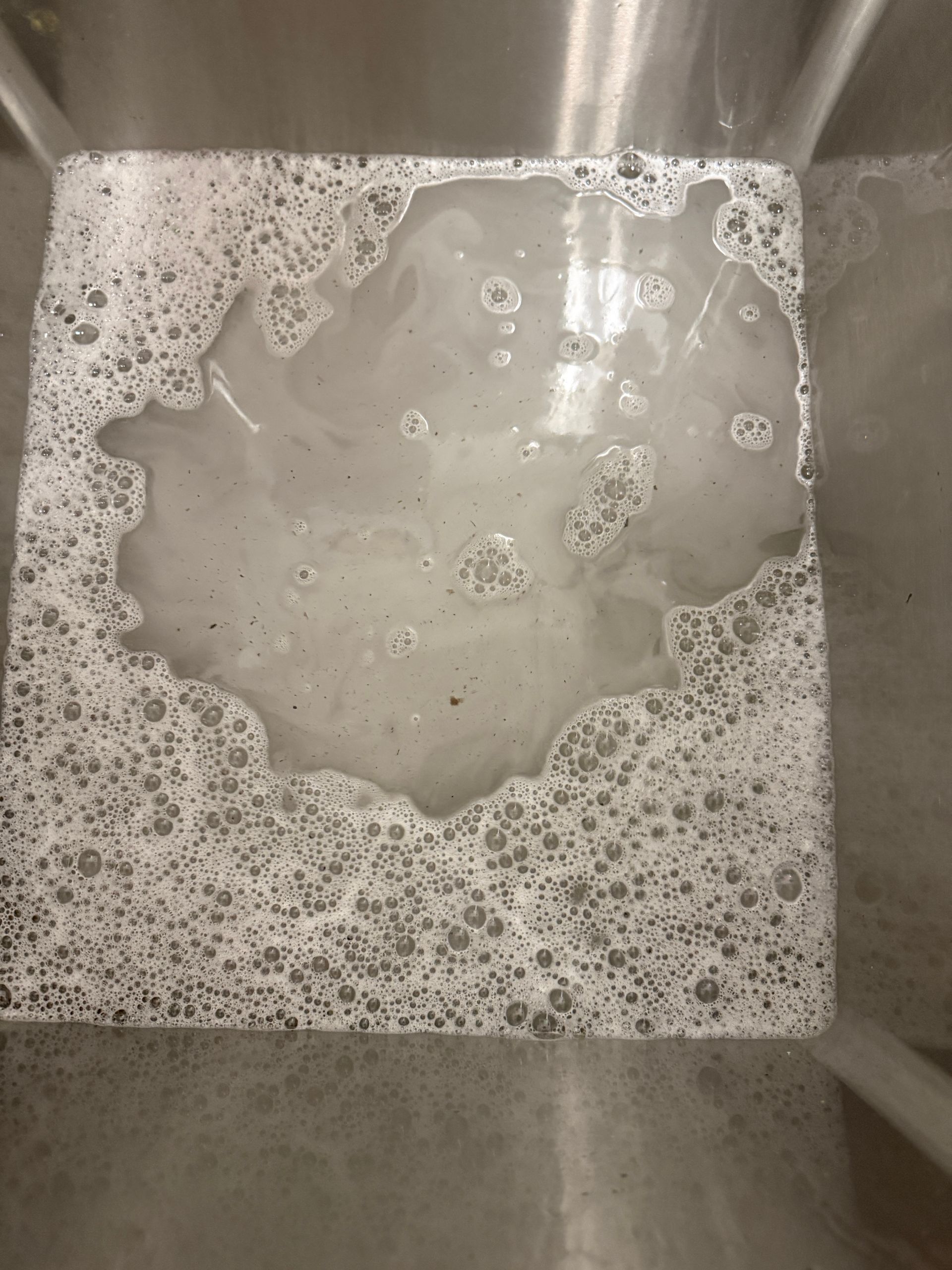 White foamy liquid swirling in a stainless steel sink or tub.