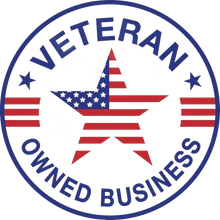 Veteran-owned business seal with US flag star, blue and red stripes, white background.