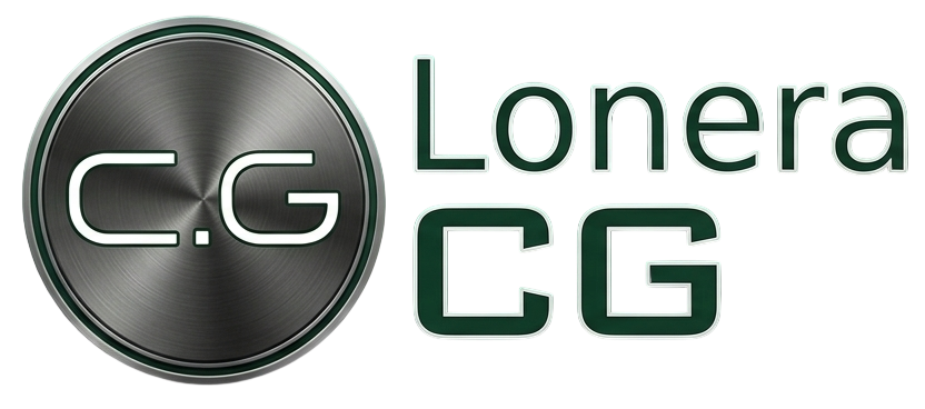 Logotipo de Lonera CG en verde oscuro y negro con emblema circular CG y texto sobre fondo blanco.