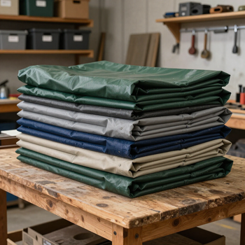 Pila de lonas dobladas de color verde, gris, azul y beige sobre un banco de trabajo de madera en un taller.