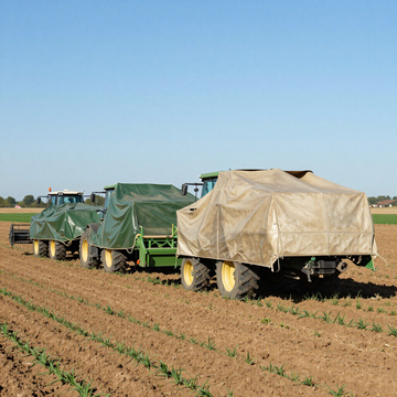 Dos remolques agrícolas cubiertos en un campo arado bajo un cielo azul despejado.