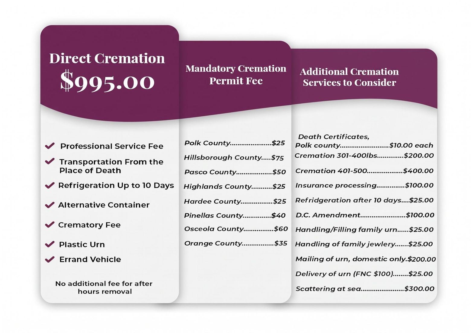 Direct Cremation pricing breakdown: $995 base direct cremation package covering professional service fee, local transportation from place of death, up to 10 days refrigeration, alternative container, crematory fee, plastic urn, errand vehicle, and no fee for after-hours removal. Accompanying sections list mandatory county cremation permit fees ranging from $25 to $75, alongside additional optional services such as death certificates, weight-based fees, insurance processing, and urn delivery or scattering.