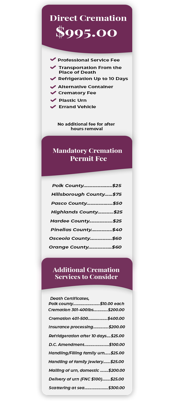 Direct Cremation pricing breakdown: $995 base direct cremation package covering professional service fee, local transportation from place of death, up to 10 days refrigeration, alternative container, crematory fee, plastic urn, errand vehicle, and no fee for after-hours removal. Accompanying sections list mandatory county cremation permit fees ranging from $25 to $75, alongside additional optional services such as death certificates, weight-based fees, insurance processing, and urn delivery or scattering.