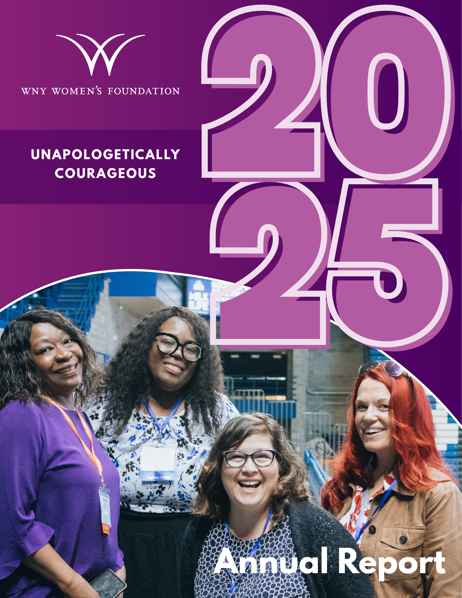 A purple cover of an annual report for empowering women energizing our community