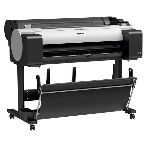 A canon printer is sitting on a stand on a white background
