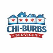 Logo for "CHI-BURBS SERVICES" featuring a row of houses with the Chicago flag design and text on a red ribbon.