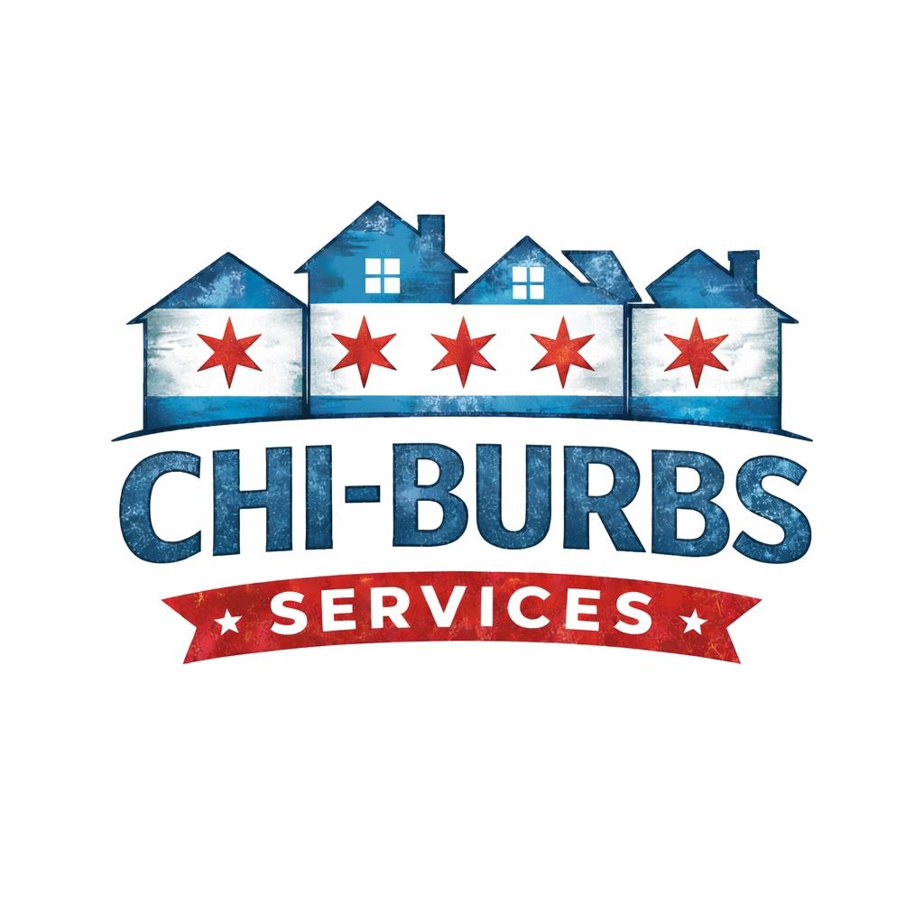 Logo for "CHI-BURBS SERVICES" featuring a row of houses with the Chicago flag design and text on a red ribbon.