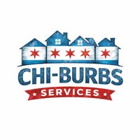 Logo for "CHI-BURBS SERVICES" featuring a row of houses with the Chicago flag design and text on a red ribbon.