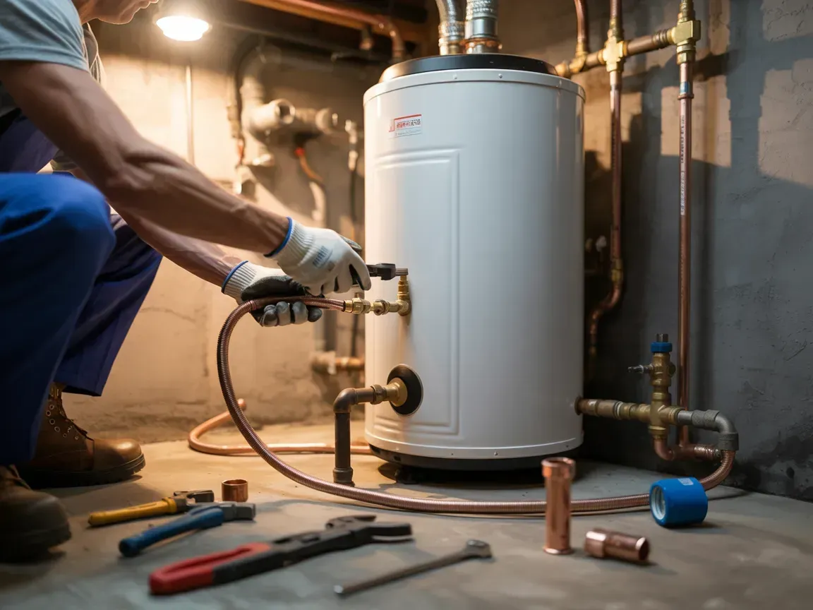 Plumber installing a white water heater in a basement, with tools and exposed pipes nearby