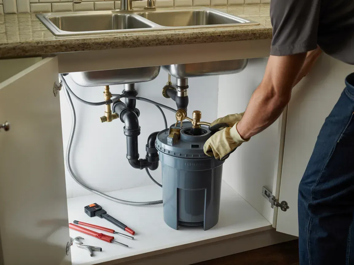 Plumber installing a gray under-sink water filter beneath a kitchen sink with exposed pipes and tools.
